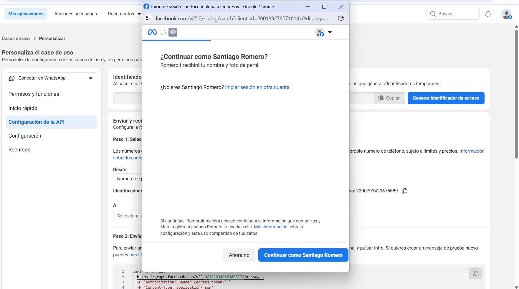 Modal OAuth de autorización de Facebook